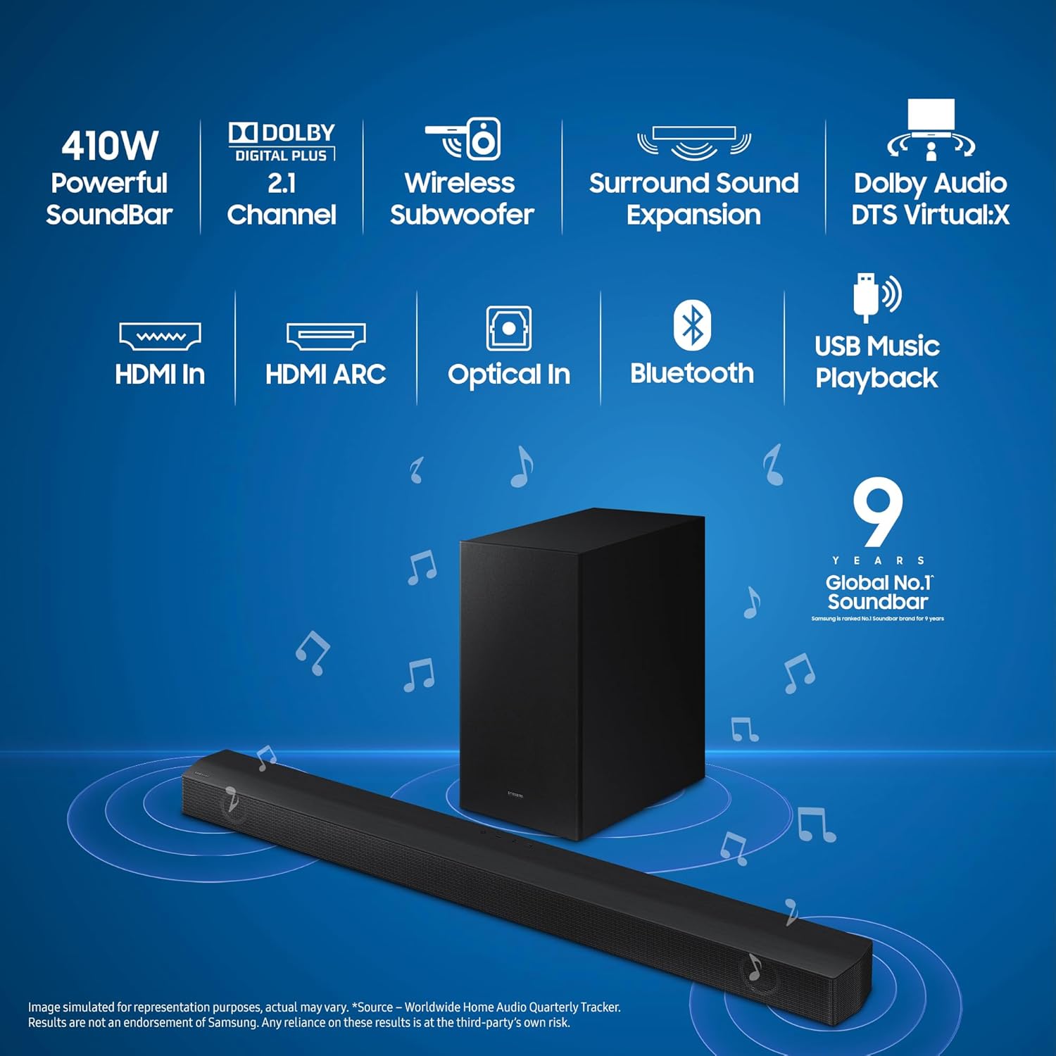 Samsung Soundbar, 2.1 Channel, Wireless Subwoofer, Dolby 2ch & DTS Virtual X Experience Sound, AI Adaptive Sound Lite, Energy Star (Black) - Image 4